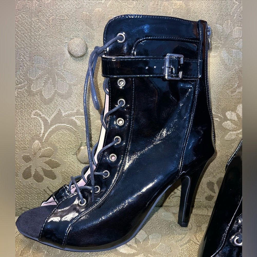Pleaser Inspired Shiny Black Lace-Up Heeled Boots
